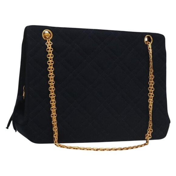 CHANEL Matelasse Chain Shoulder Bag cotton Navy Gold CC Auth - Picture 1 of 16